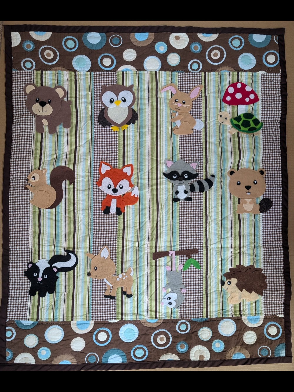 Handmade 42x34 Woodland Animal Baby Quilt - Brown, Green, Blue